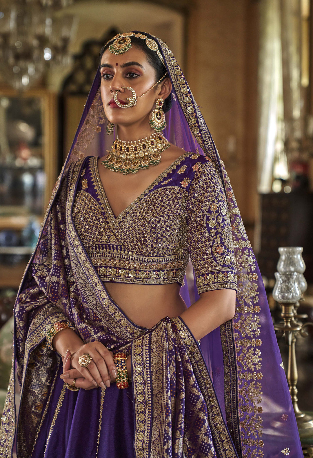 Royal Purple Bridal Lehenga with Double Dupatta & Zari Embroidery