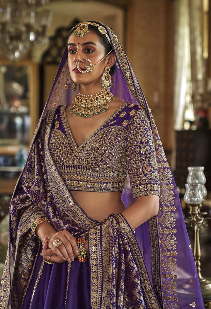 Royal Purple Bridal Lehenga with Double Dupatta & Zari Embroidery