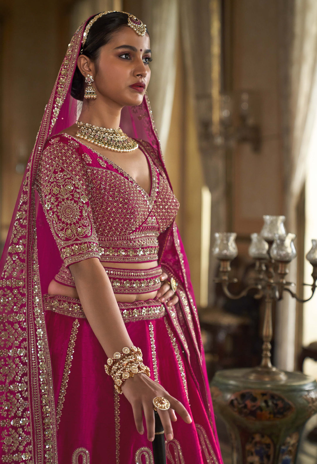 Rani Pink Bridal Lehenga with Double Dupatta & Heavy Zari Embroidery