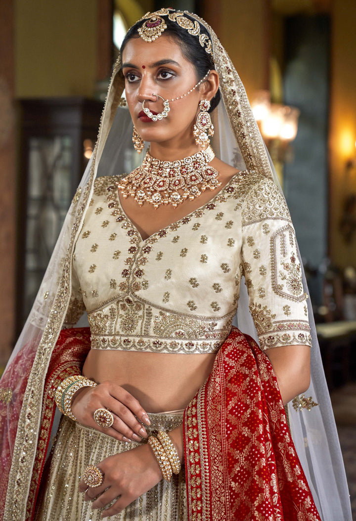 Regal Ivory Bridal Lehenga with Double Dupatta & Intricate Zardozi Embroidery