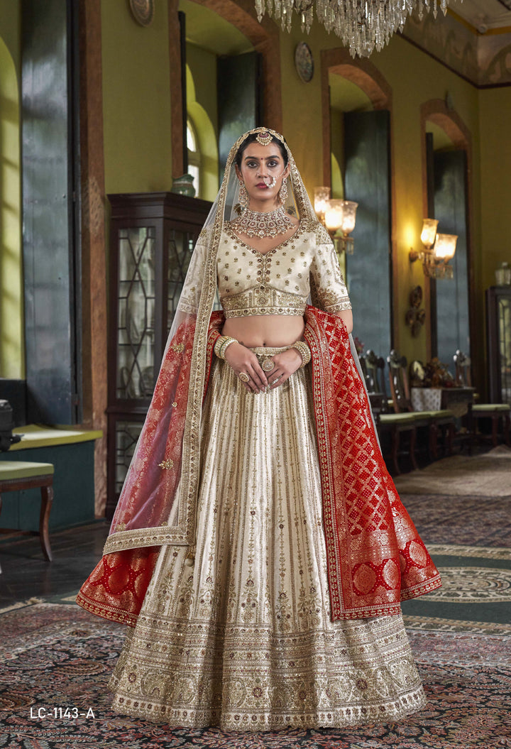 Regal Ivory Bridal Lehenga with Double Dupatta & Intricate Zardozi Embroidery
