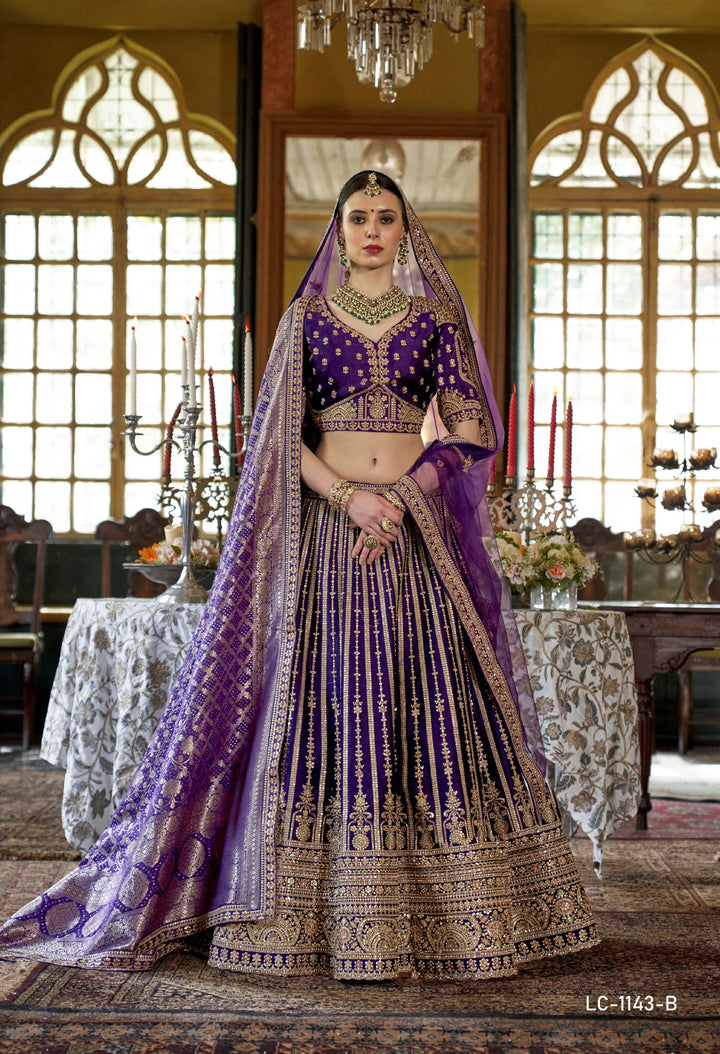 Royal Purple Bridal Lehenga with Double Dupatta & Exquisite Golden Zardozi Work