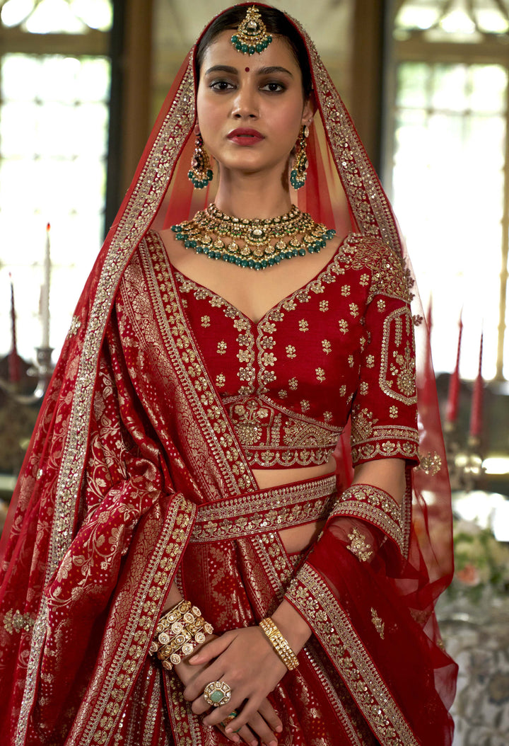 Classic Red Bridal Lehenga with Double Dupatta & Heavy Golden Zardozi Embroidery