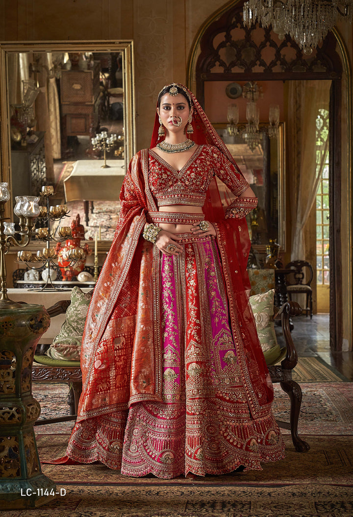 Dual-Tone Red & Rani Pink Bridal Lehenga with Double Dupatta & Intricate Hand Embroidery