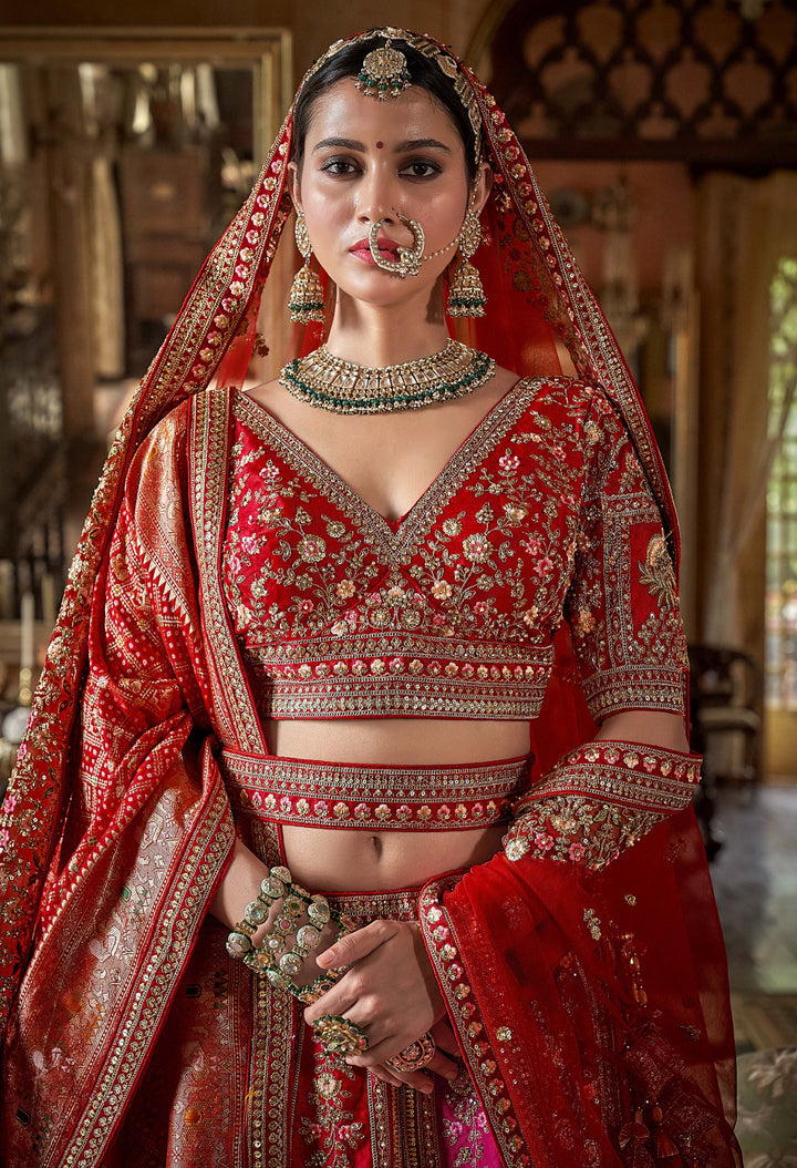 Dual-Tone Red & Rani Pink Bridal Lehenga with Double Dupatta & Intricate Hand Embroidery