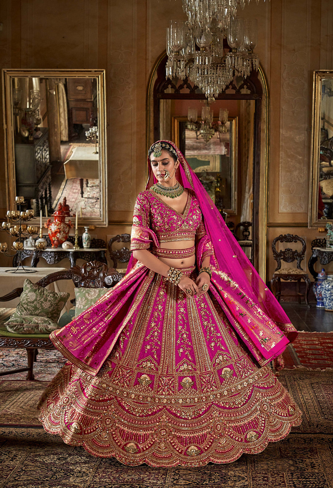 Majestic Rani Pink Bridal Lehenga with Double Dupatta & Heavy Hand Embroidery