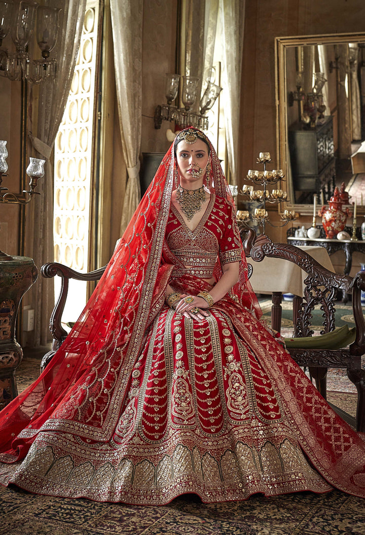 Traditional Bridal Red Lehenga with Double Dupatta & Exquisite Handcrafted Zardozi Work