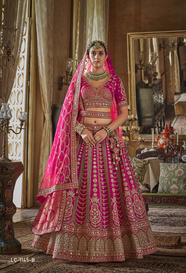 Vibrant Rani Pink Bridal Lehenga with Double Dupatta & Handcrafted Zardozi Detailing