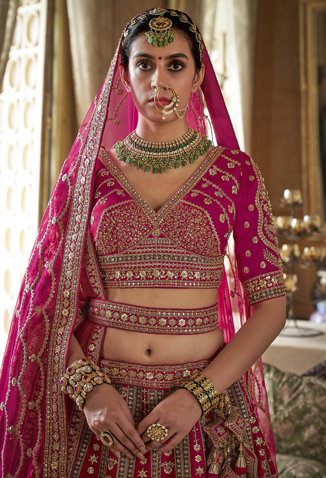 Vibrant Rani Pink Bridal Lehenga with Double Dupatta & Handcrafted Zardozi Detailing