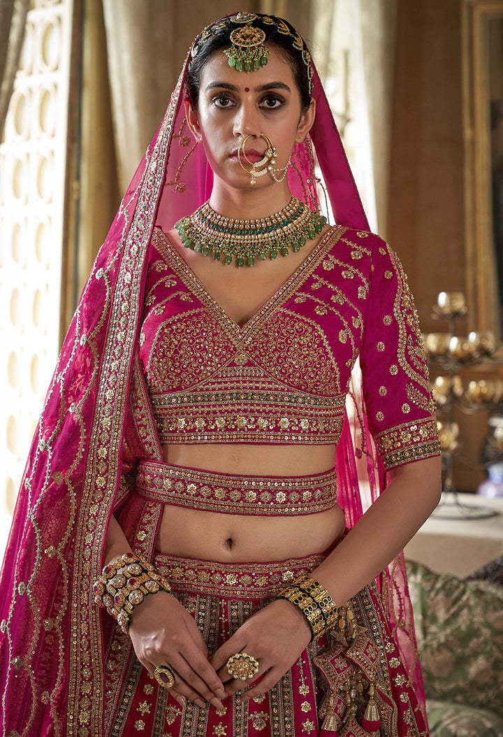 Vibrant Rani Pink Bridal Lehenga with Double Dupatta & Handcrafted Zardozi Detailing