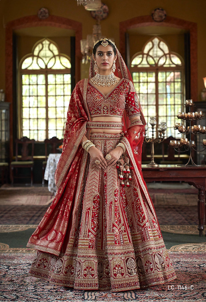 Imperial Scarlet Red Bridal Lehenga with Handcrafted Zardozi, Dabka & Resham Embroidery
