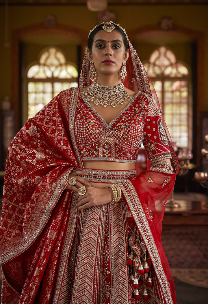 Imperial Scarlet Red Bridal Lehenga with Handcrafted Zardozi, Dabka & Resham Embroidery