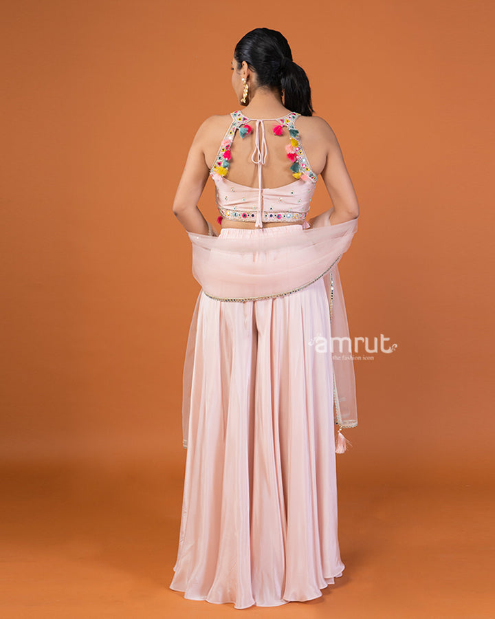 Pastel Pink Palazzo with Mirror Embroidery Embellished Crop Top & Dupatta