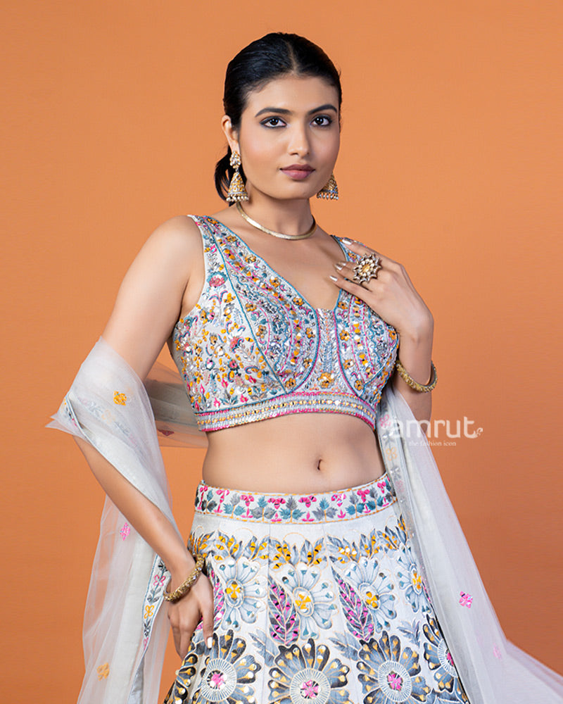 Light Gray Floral Print Lehenga Choli with Embellished Dupatta