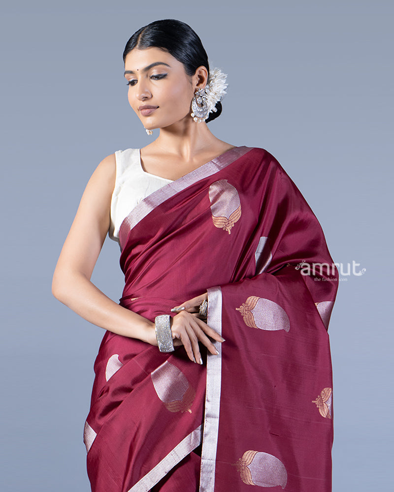 Deep Burgundy Maroon with Silver Zari Floral Motifs Saree with unstitched blouse