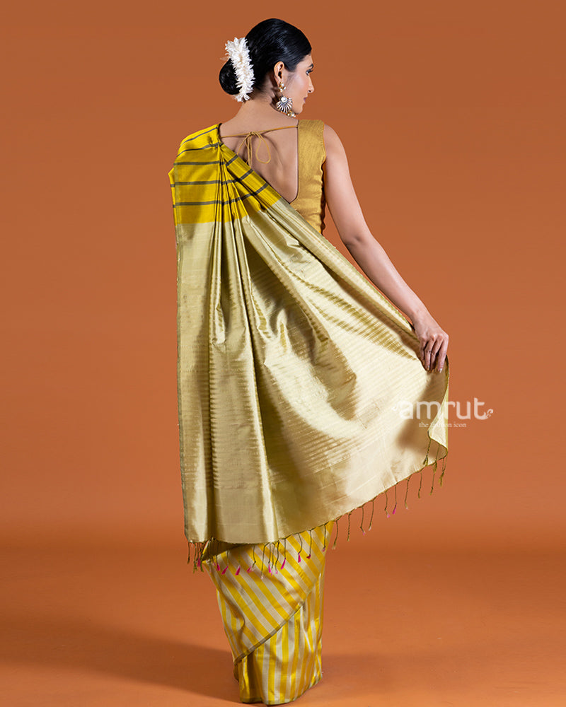 Light Grayish-Green Saree with Pale Yellow Stripes with Unstitched Blouse