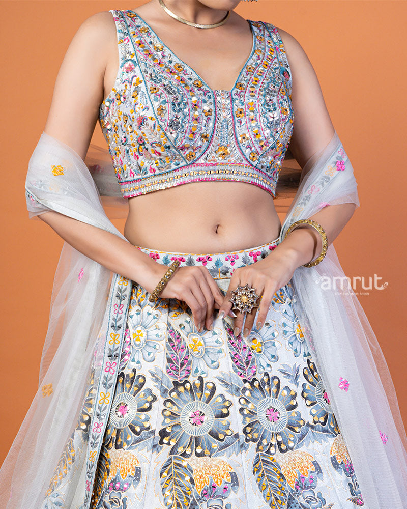 Light Gray Floral Print Lehenga Choli with Embellished Dupatta