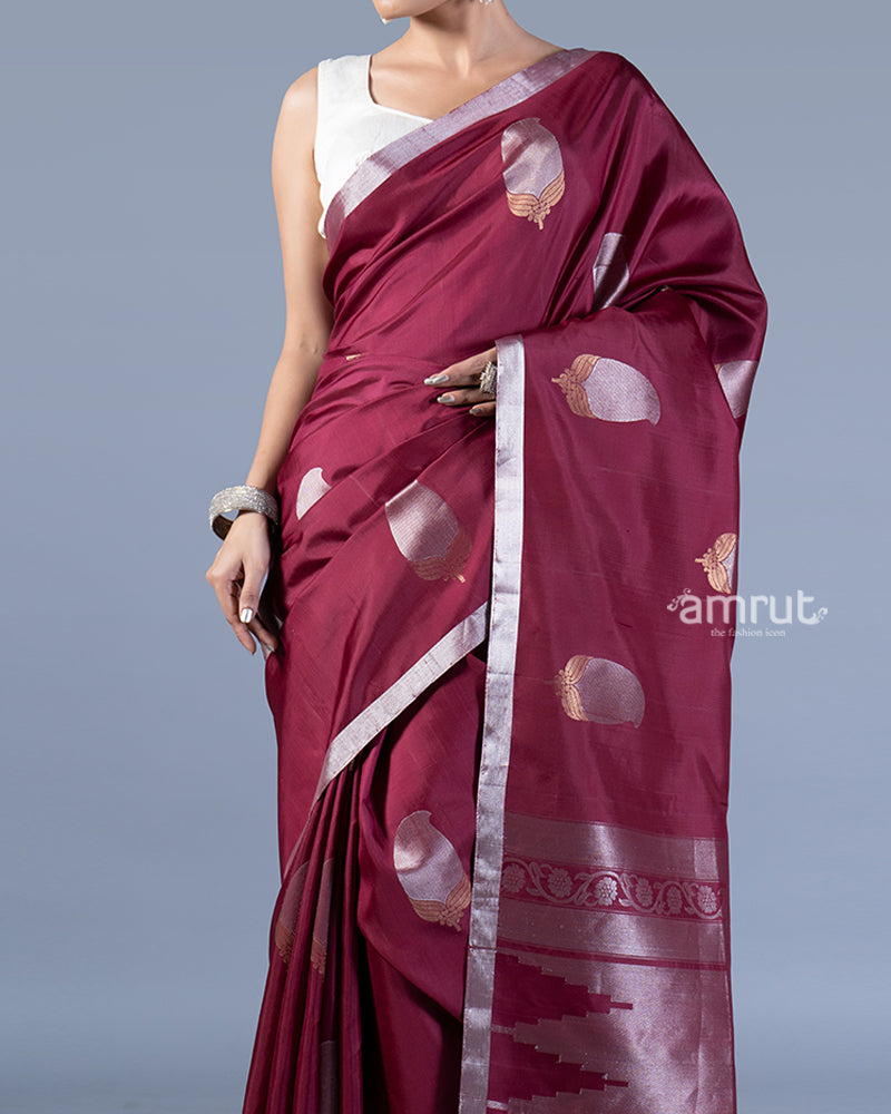 Deep Burgundy Maroon with Silver Zari Floral Motifs Saree with unstitched blouse