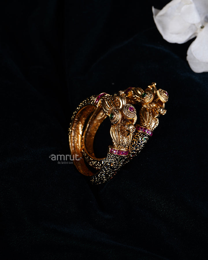 Intricate Carvings and Gemstone Inlays Gold Toned Bangles