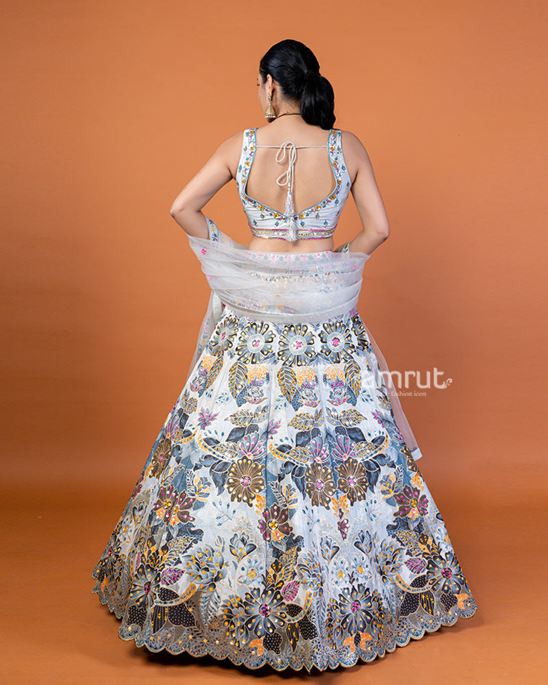 Light Gray Floral Print Lehenga Choli with Embellished Dupatta