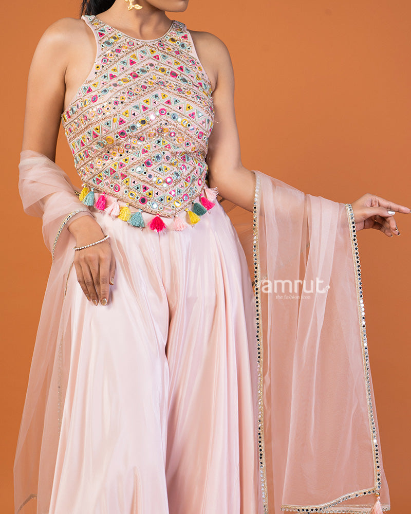 Pastel Pink Palazzo with Mirror Embroidery Embellished Crop Top & Dupatta