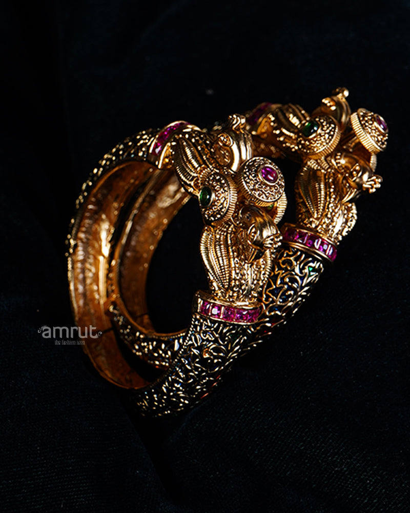 Intricate Carvings and Gemstone Inlays Gold Toned Bangles