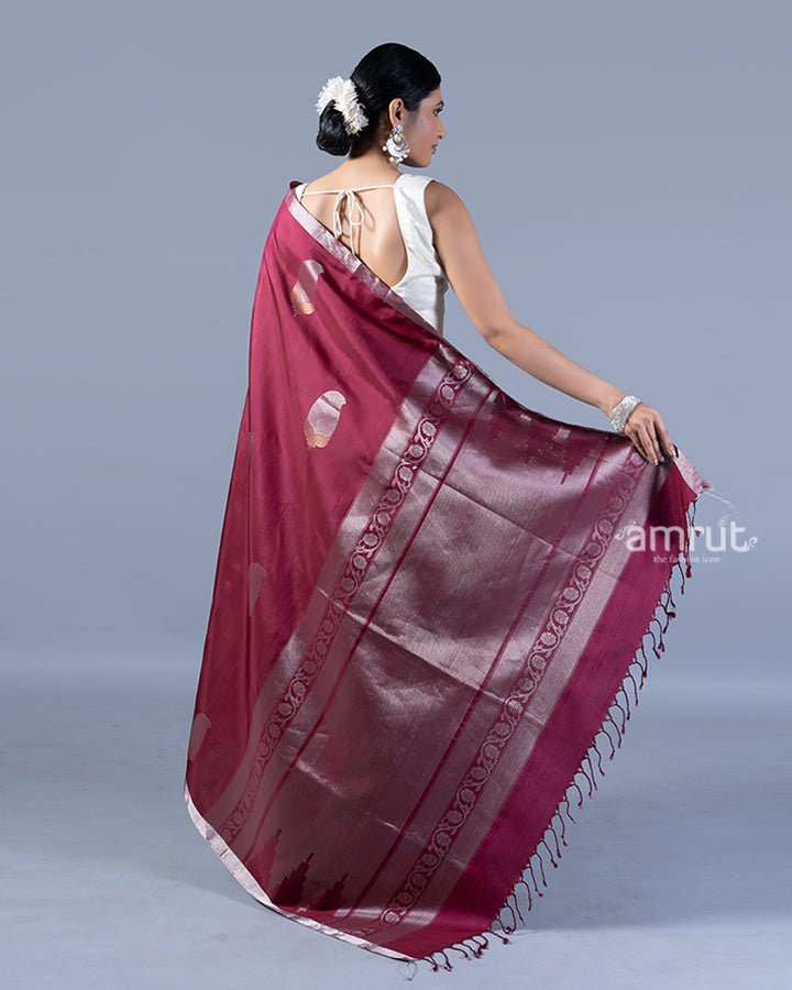 Deep Burgundy Maroon with Silver Zari Floral Motifs Saree with unstitched blouse