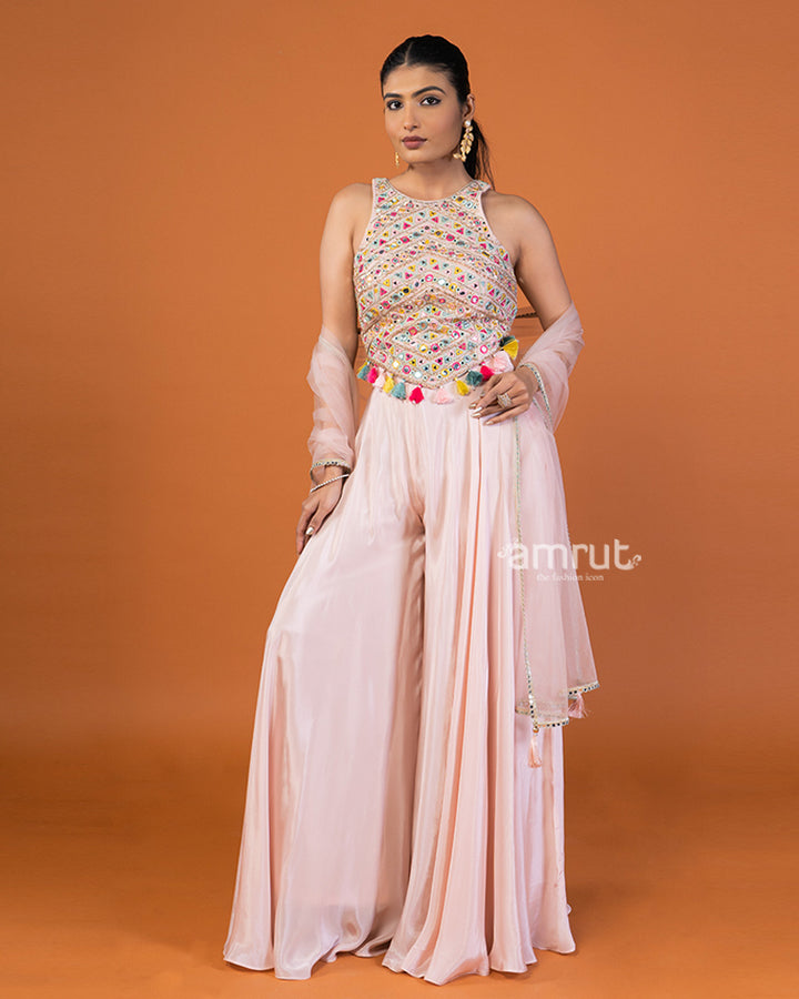 Pastel Pink Palazzo with Mirror Embroidery Embellished Crop Top & Dupatta