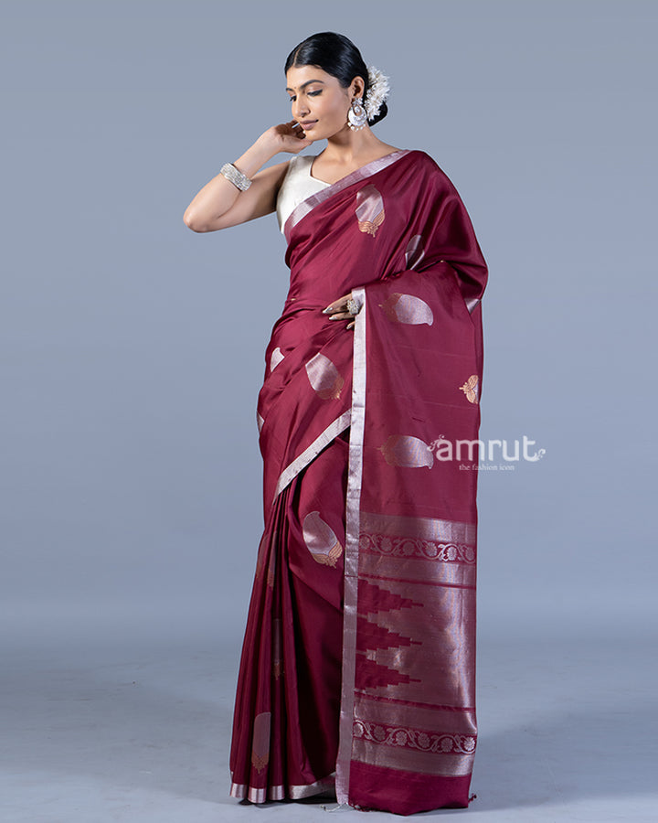 Deep Burgundy Maroon with Silver Zari Floral Motifs Saree with unstitched blouse