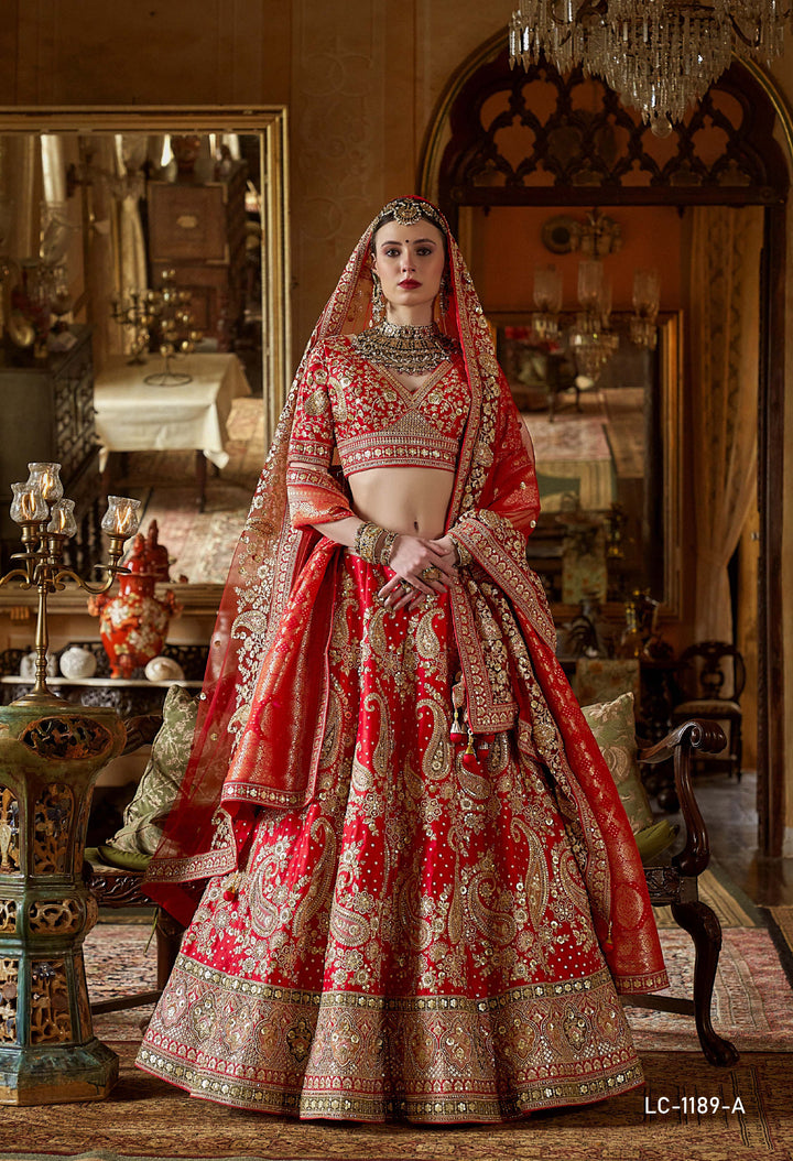 Majestic Scarlet Red Bridal Lehenga with Handcrafted Zardozi & Kashmiri Paisley Embroidery