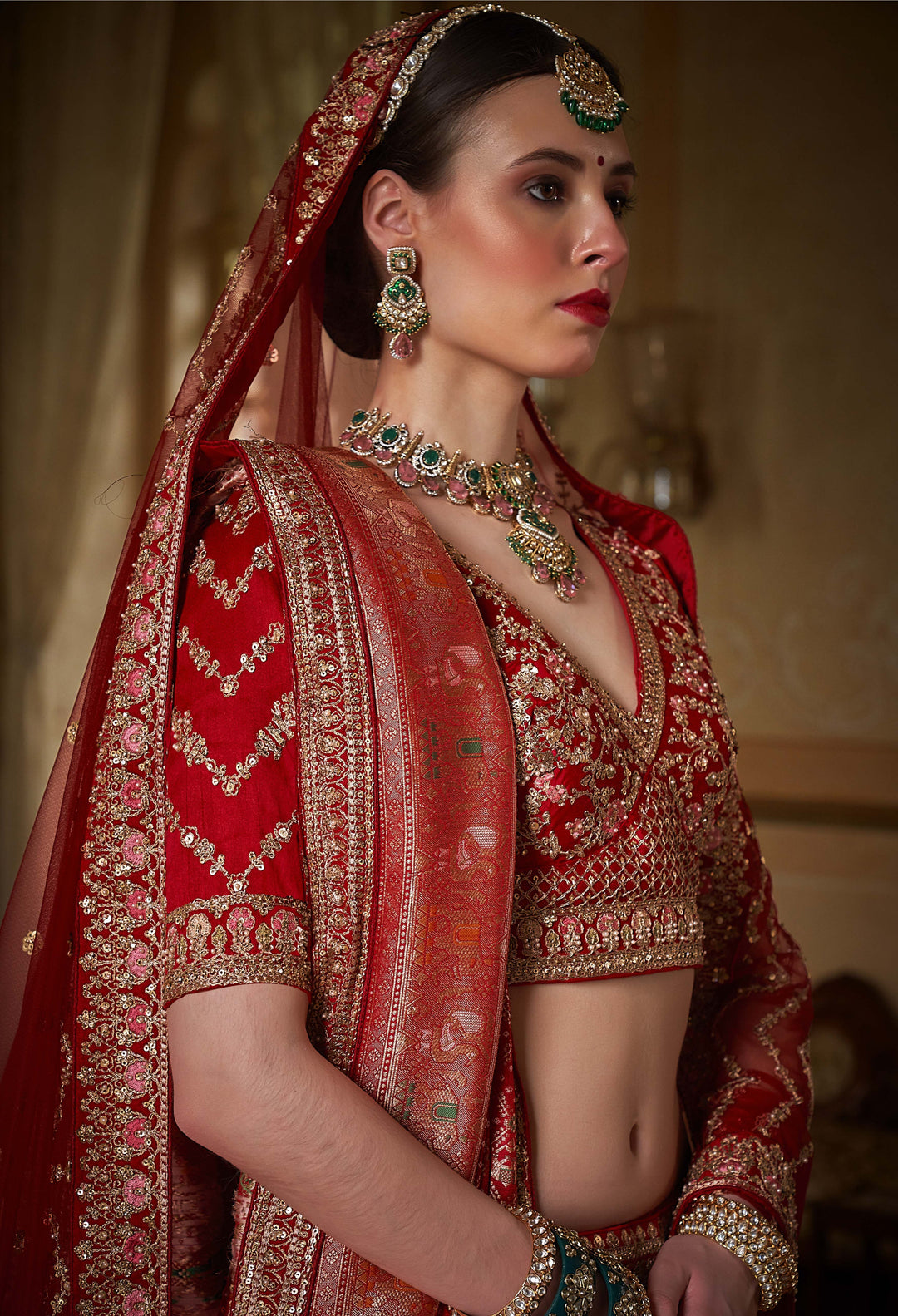 Majestic Scarlet Red Bridal Lehenga with Handcrafted Zardozi & Kashmiri Paisley Embroidery