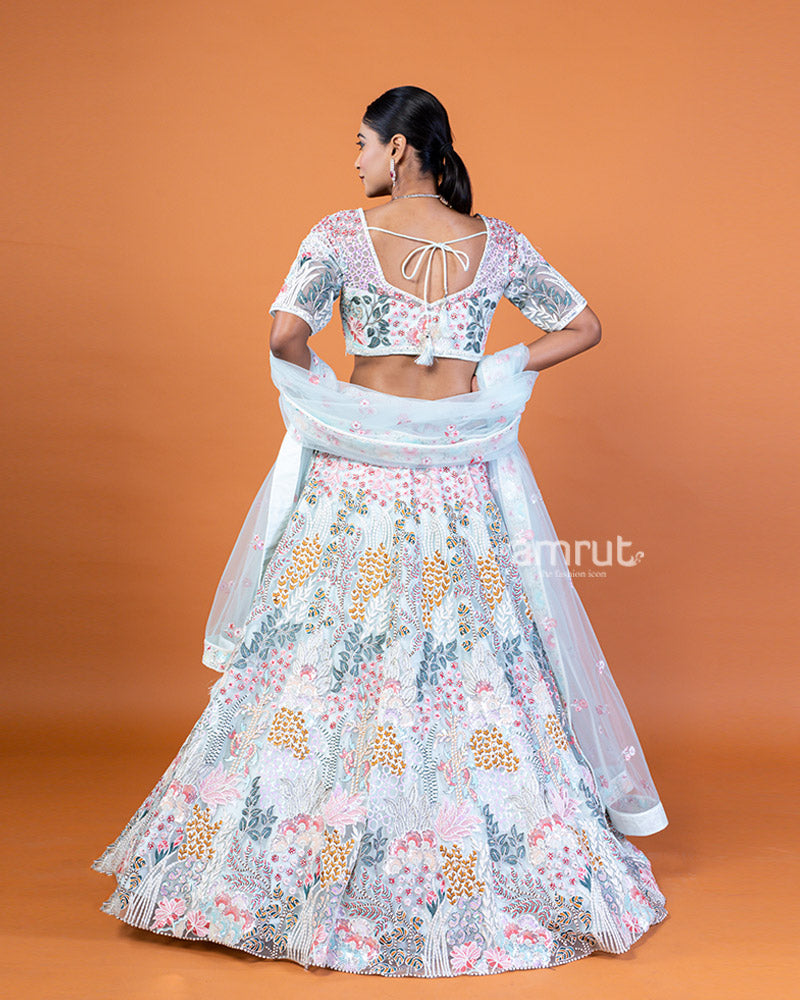 White and Powder Blue Embroidered Lehenga Choli Set with Dupatta