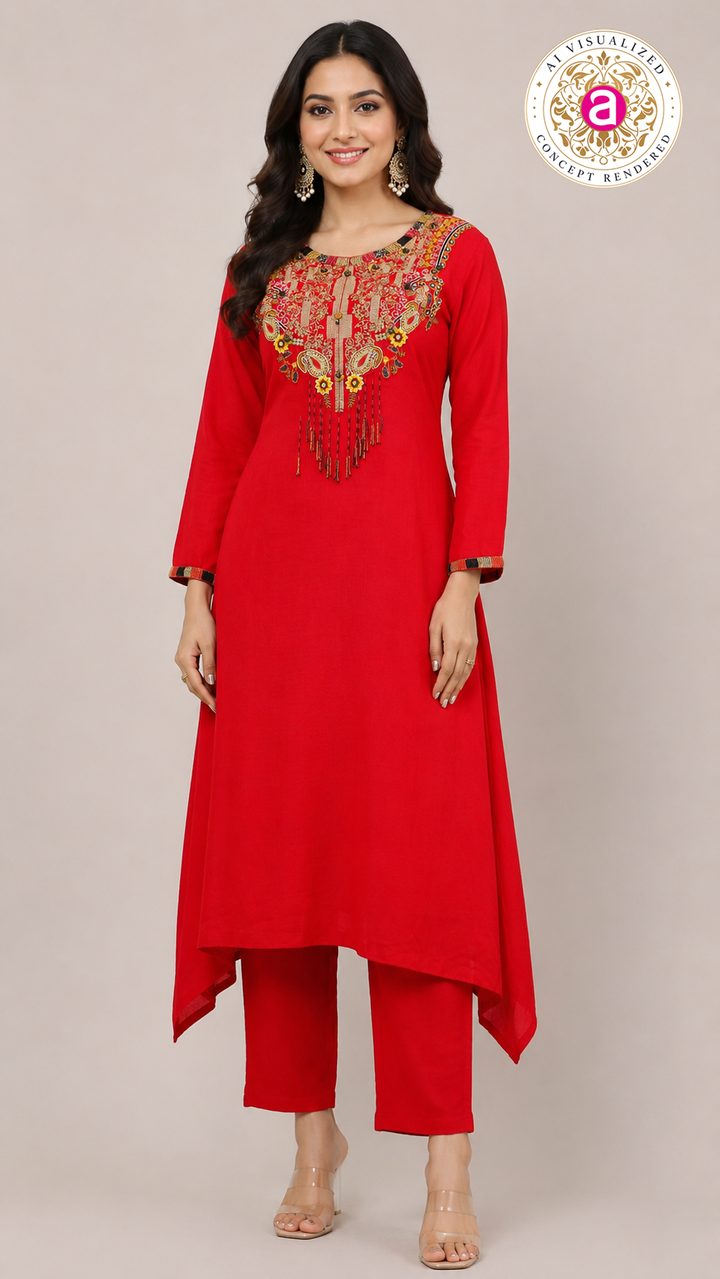 Red Handwork Kurta Pant Set