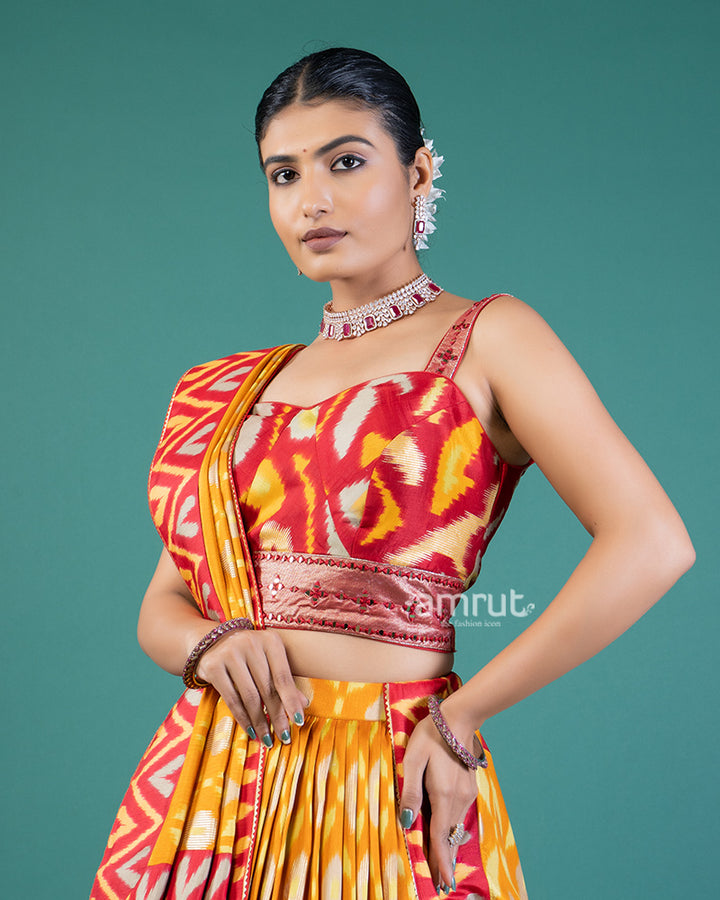 Red & Yellow Ikat Printed Lehenga Choli with Dupatta