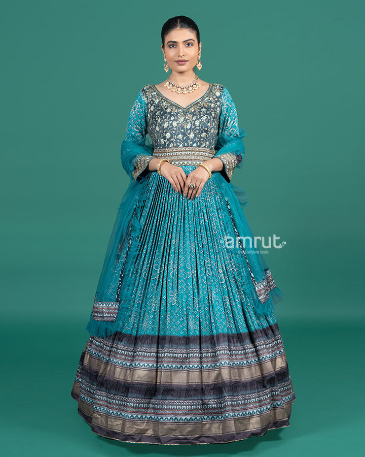 Teal Blue Embroidered Festive Gown with Zari Border and Dupatta