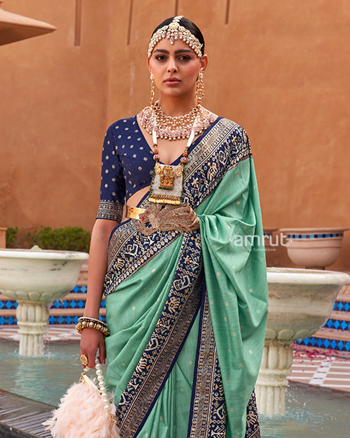 Turquoise Zari Weaving Blue Border Saree in Patola Silk with Unstitched Blouse