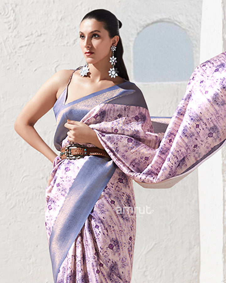 Periwinkle Floral-Print Lavender Silk Saree with Unstitched Blouse