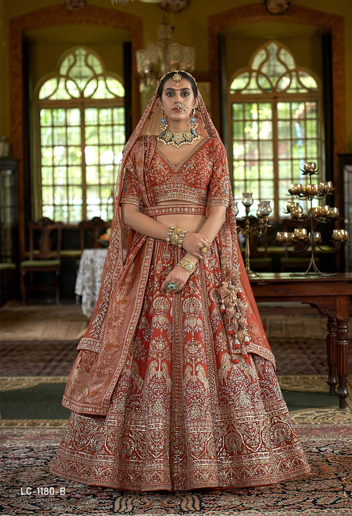 Terracotta Rust Bridal Lehenga with Zardozi & Heritage Peacock Motifs – Double Dupatta Royal