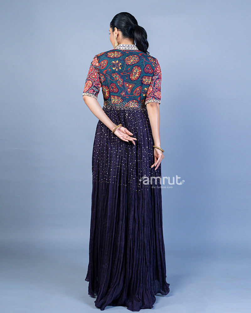 Dark Lavender Floor-Length Kurti with Printed Palazzo Pants