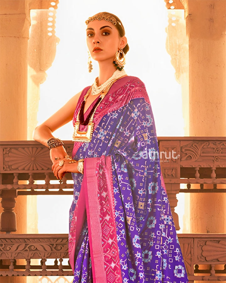 Purple Ikat Printed and Pink Contrast Border Patola Silk Saree with Unstitched Blouse