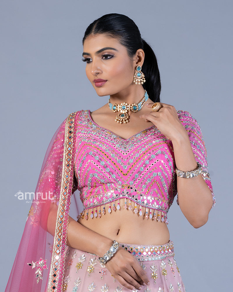 Light Pink Floral Embroidered Lehenga and Embellished Choli with Ombre Dupatta