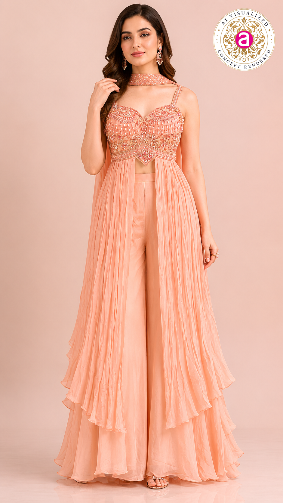 Peach Embellished Palazzo Set with Layered Cape