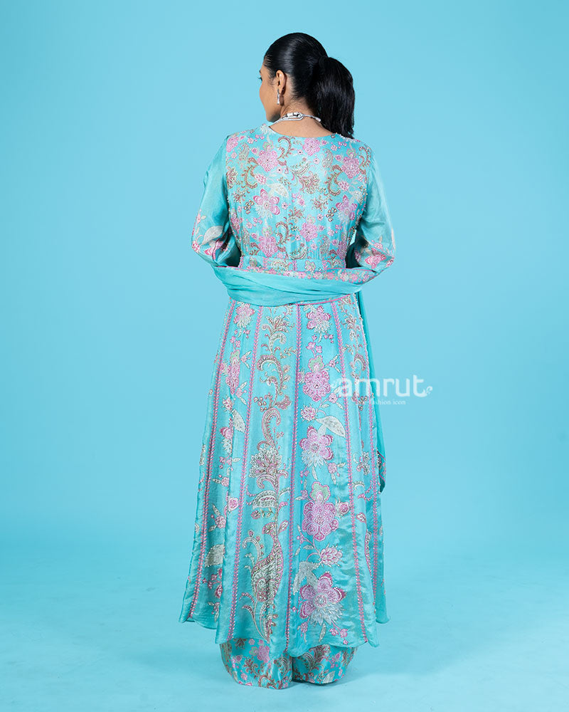 Turquoise Embellished Kameez with Palazzo Pants and Dupatta