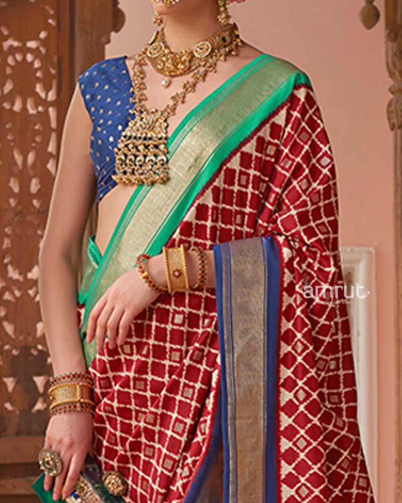 Red Zari Woven Patola Silk Saree with Unstitched Blouse