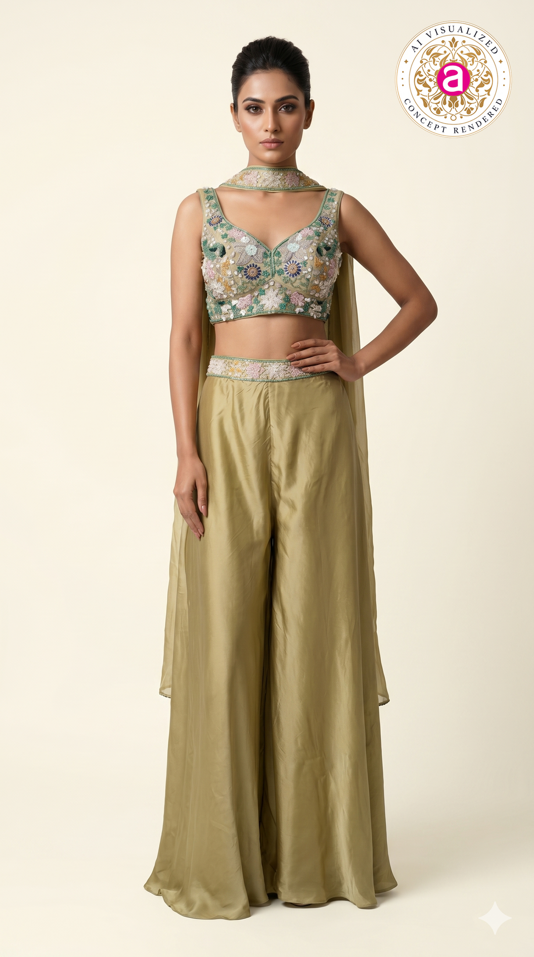 Sage Gold Embroidered Crop Top with Palazzo Pants & Cape Dupatta Set