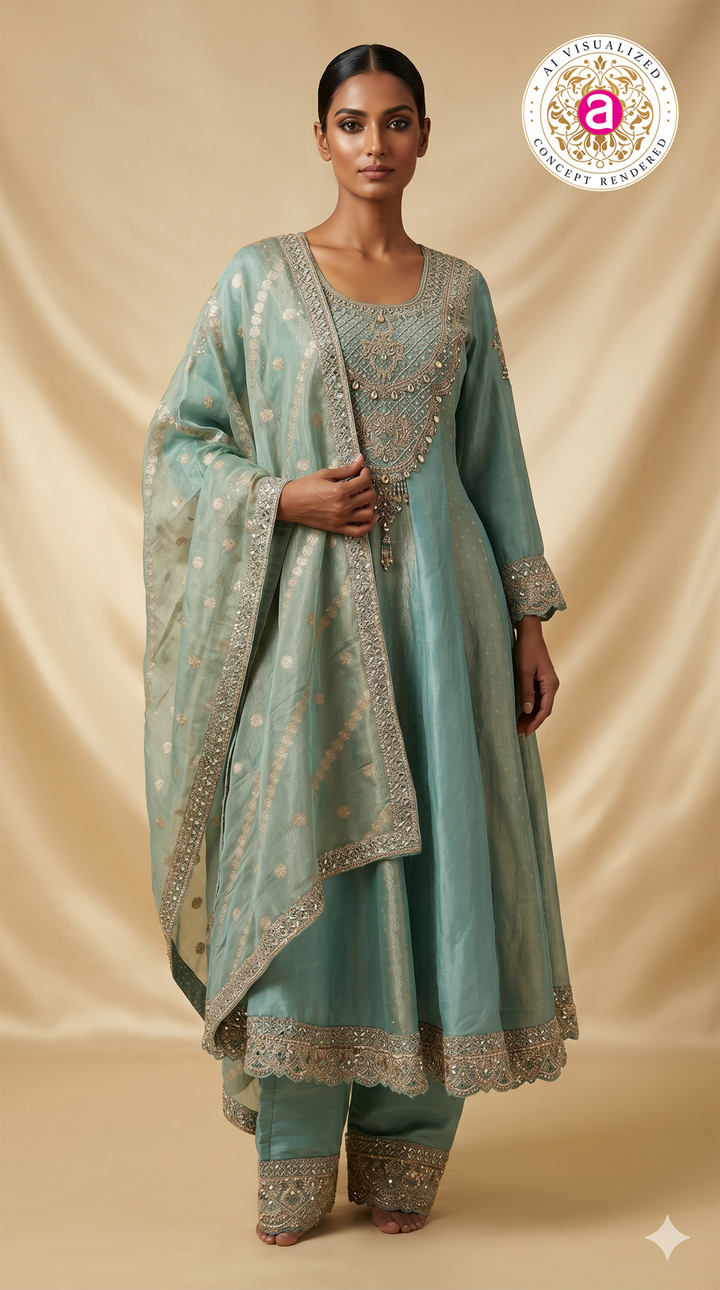 Sea Green Embroidered Anarkali Suit Set with Dupatta