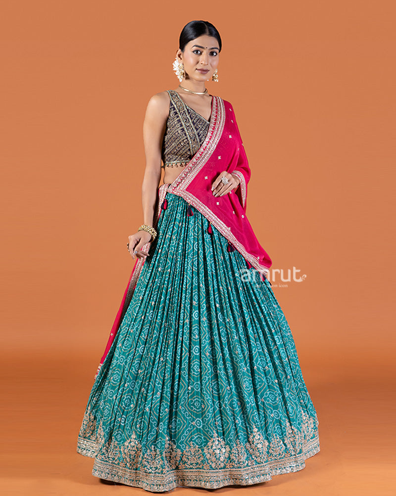 Teal Bandhani Lehenga with Purple Choli and Pink Dupatta Set