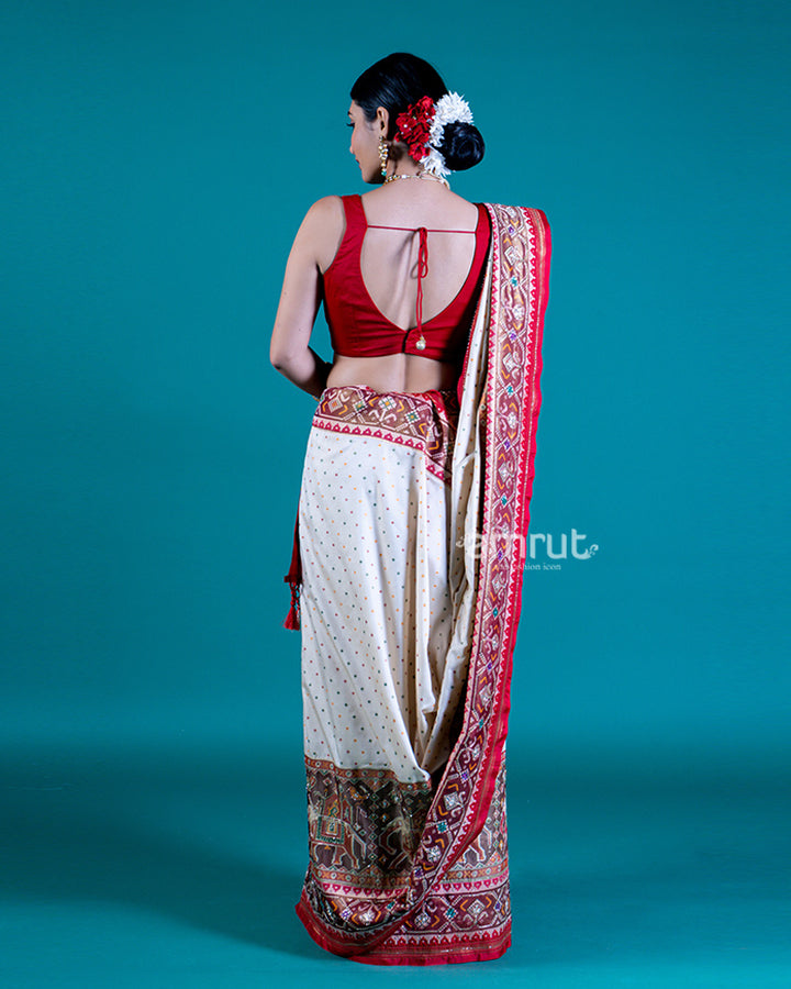 White Ikat Patola Silk Saree with Red Pallu, Printed Border & Unstitched Blouse