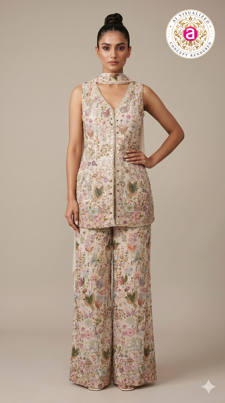 Ivory Floral Printed Indo-Western Co-Ord Set with Embroidered Waistcoat