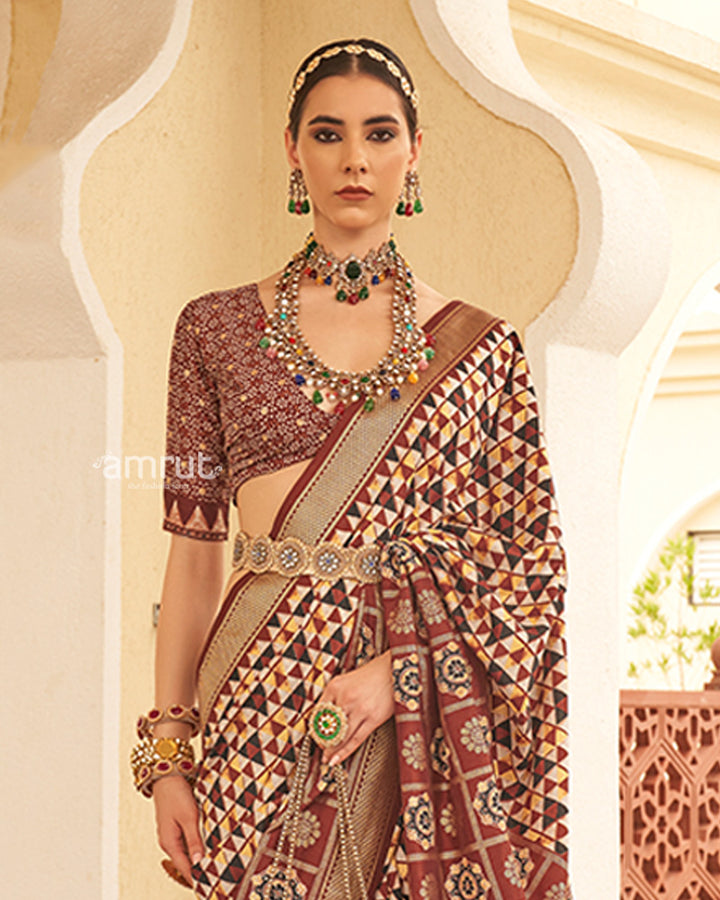 Brown & Cream Geometric Printed Embellished Zari Border Silk Saree with Unstitched Blouse